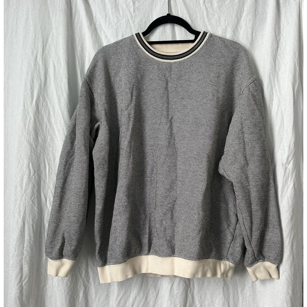 Vintage Men's Norm Thompson Sweater Large Cotton Stripe Cream Blue Y2K Fleece